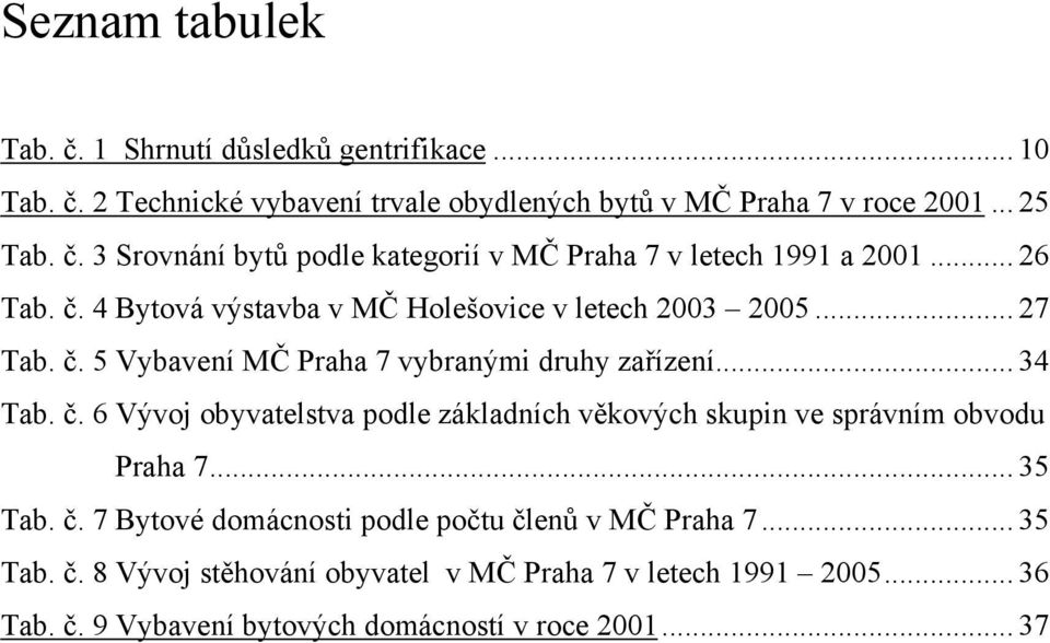 .. 35 Tab. č. 7 Bytové domácnosti podle počtu členů v MČ Praha 7... 35 Tab. č. 8 Vývoj stěhování obyvatel v MČ Praha 7 v letech 1991 2005... 36 Tab. č. 9 Vybavení bytových domácností v roce 2001.