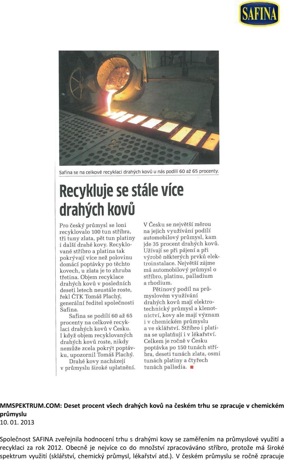 využití a recyklaci za rok 2012.