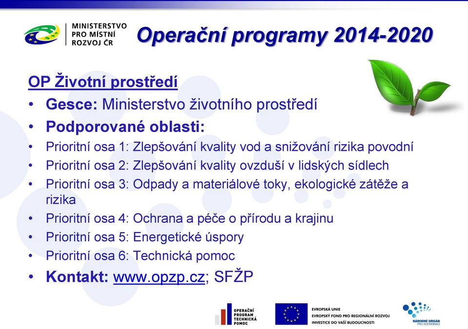 lidských sídlech Prioritní osa 3: Odpady a materiálové toky, ekologické zátěže a rizika Prioritní osa 4: Ochrana a