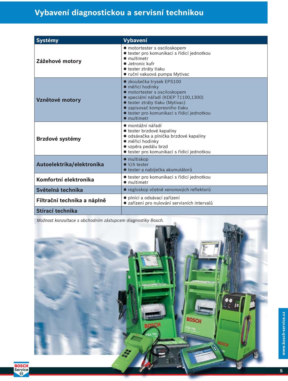 hodinky motortester s osciloskopem speciální nářadí (KDEP T1100,1300) tester ztráty tlaku (Mytivac) zapisovač kompresního tlaku tester pro komunikaci s řídicí jednotkou multimetr montážní nářadí