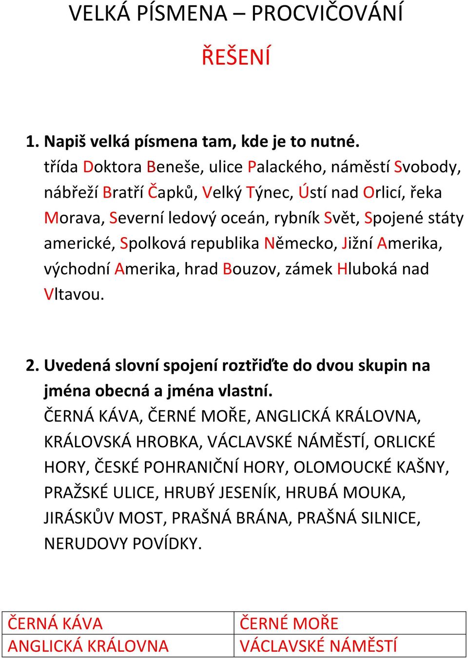 Spolková republika Německo, Jižní Amerika, východní Amerika, hrad Bouzov, zámek Hluboká nad Vltavou. 2. Uvedená slovní spojení roztřiďte do dvou skupin na jména obecná a jména vlastní.