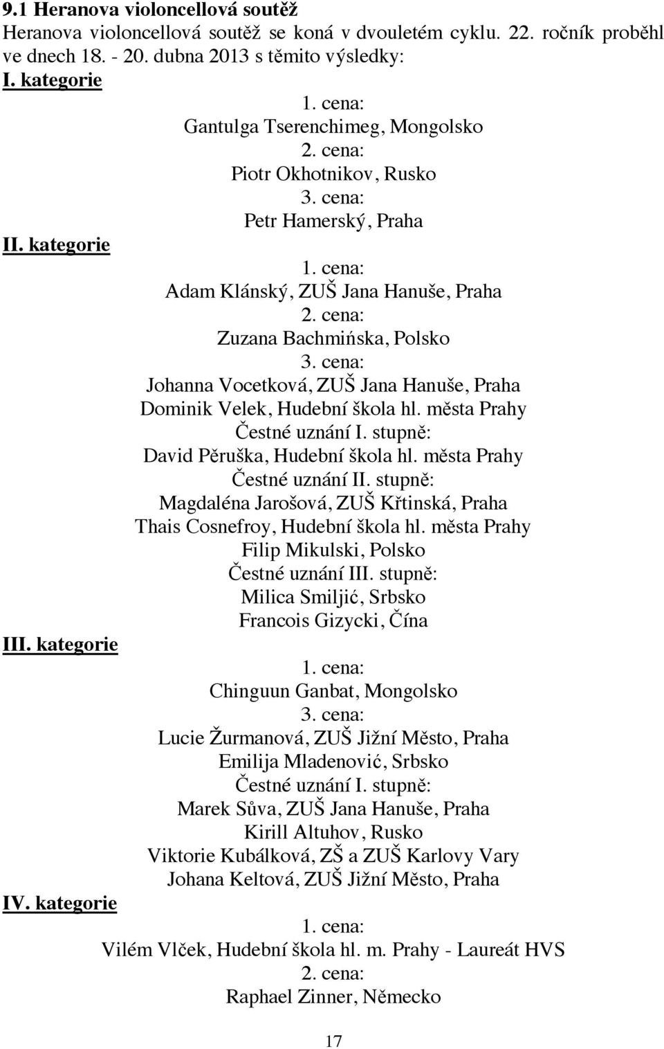 cena: Johanna Vocetková, ZUŠ Jana Hanuše, Praha Dominik Velek, Hudební škola hl. města Prahy Čestné uznání I. stupně: David Pěruška, Hudební škola hl. města Prahy Čestné uznání II.