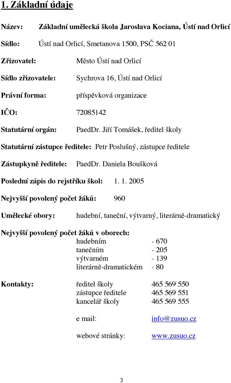 Jiří Tomášek, ředitel školy Statutární zástupce ředitele: Petr Poslušný, zástupce ředitele Zástupkyně ředitele: PaedDr. Daniela Boušková Poslední zápis do rejstříku škol: 1.