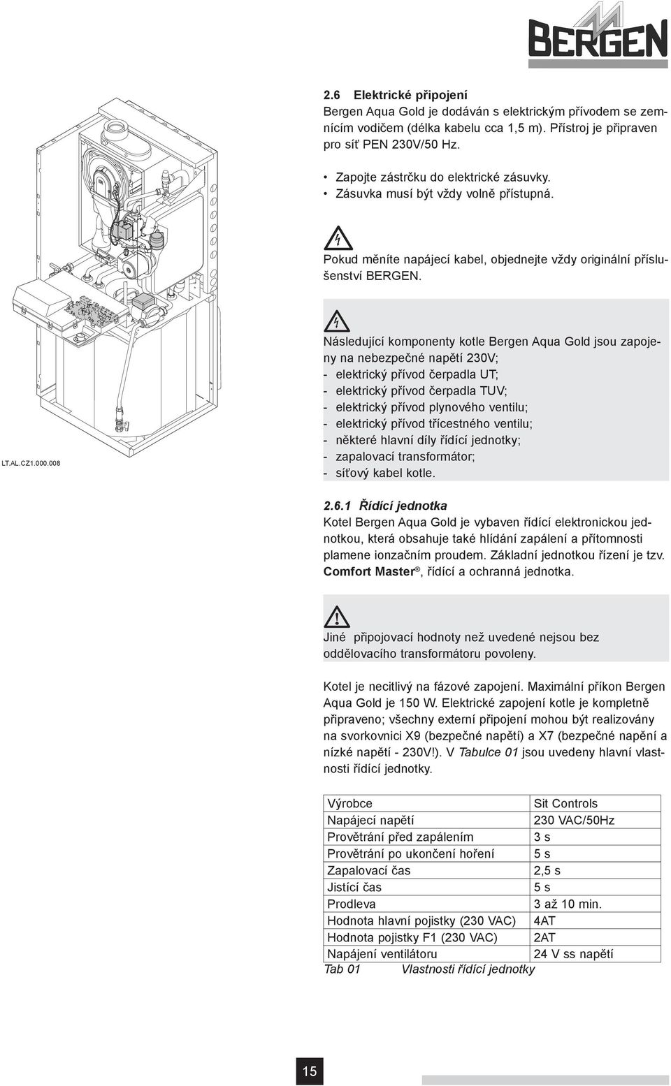 008 LTALCZ1000008c Následující komponenty kotle Bergen Aqua Gold jsou zapojeny na nebezpečné napětí 230V; - elektrický přívod čerpadla UT; - elektrický přívod čerpadla TUV; - elektrický přívod