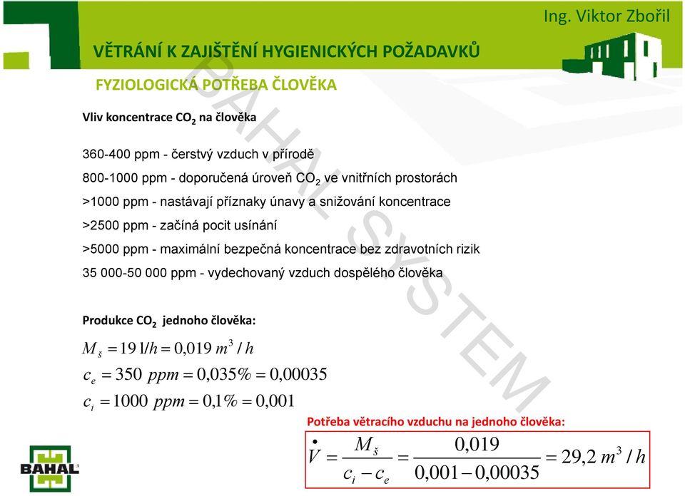 ppm - maximální bezpečná koncentrace bez zdravotních rizik 35 000-50 000 ppm - vydechovaný vzduch dospělého člověka Produkce CO 2 jednoho člověka: 3 M š 19