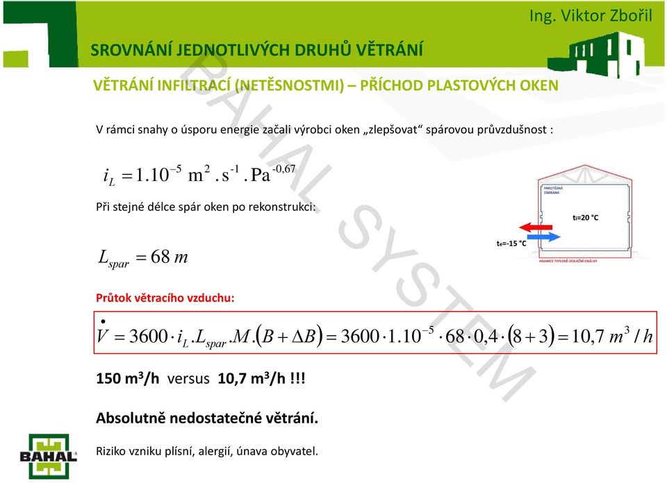 Pa -0,67 Při stejné délce spár oken po rekonstrukci: L spar 68 m Průtok větracího vzduchu: V 3600i L. L spar. M.