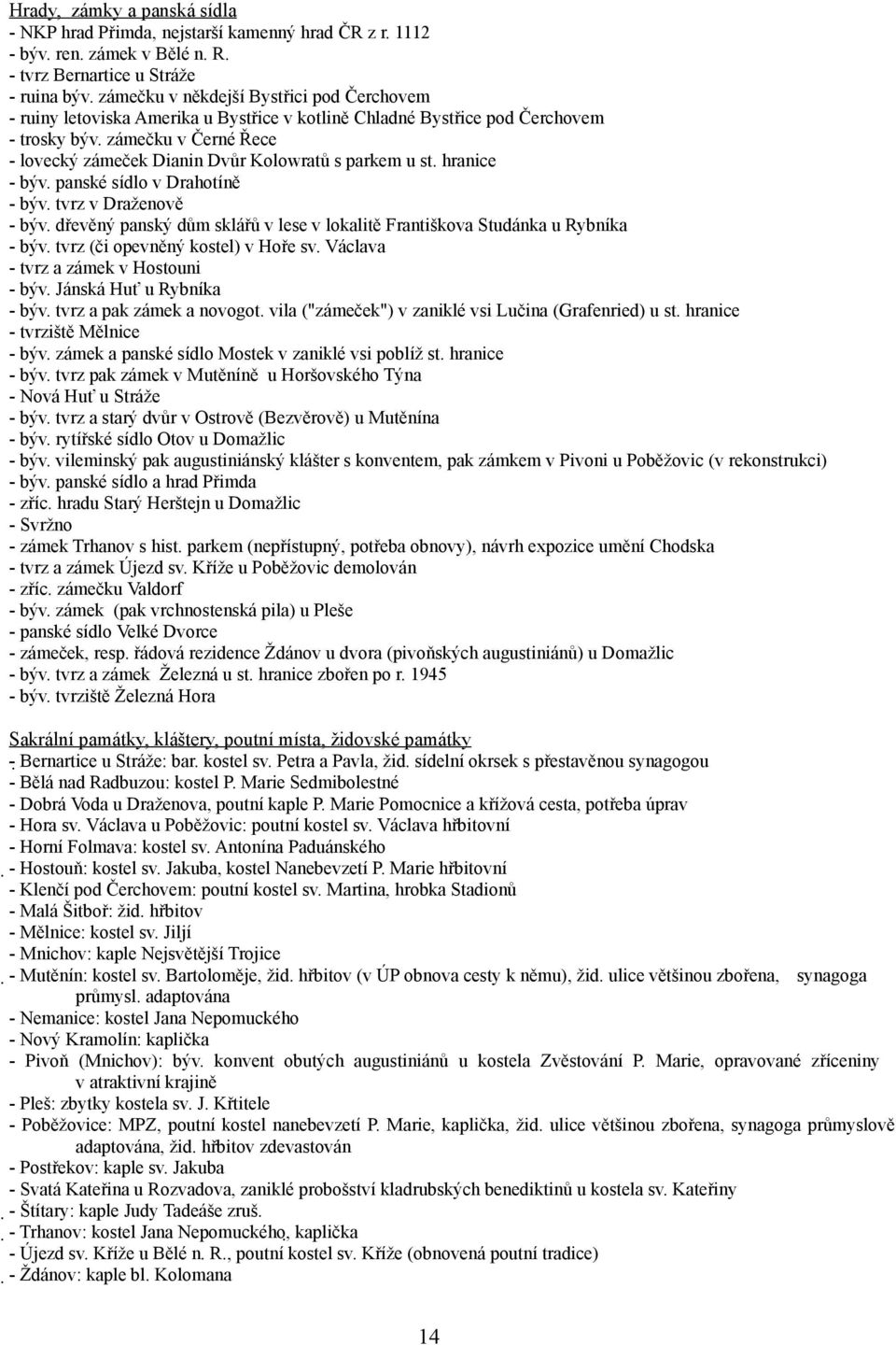 zámečku v Černé Řece - lovecký zámeček Dianin Dvůr Kolowratů s parkem u st. hranice - býv. panské sídlo v Drahotíně - býv. tvrz v Draženově - býv.