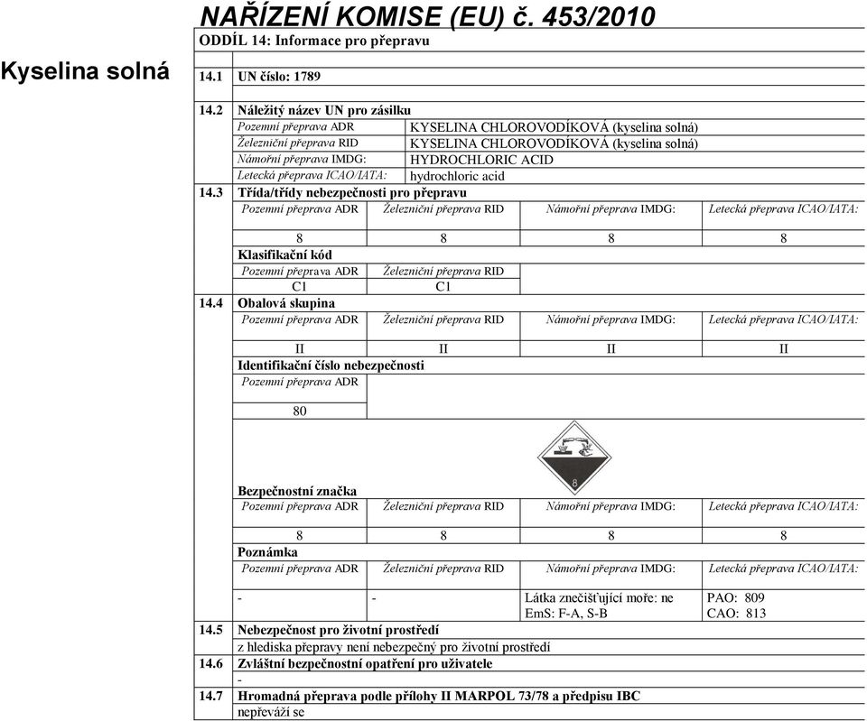 Letecká přeprava ICAO/IATA: hydrochloric acid 14.