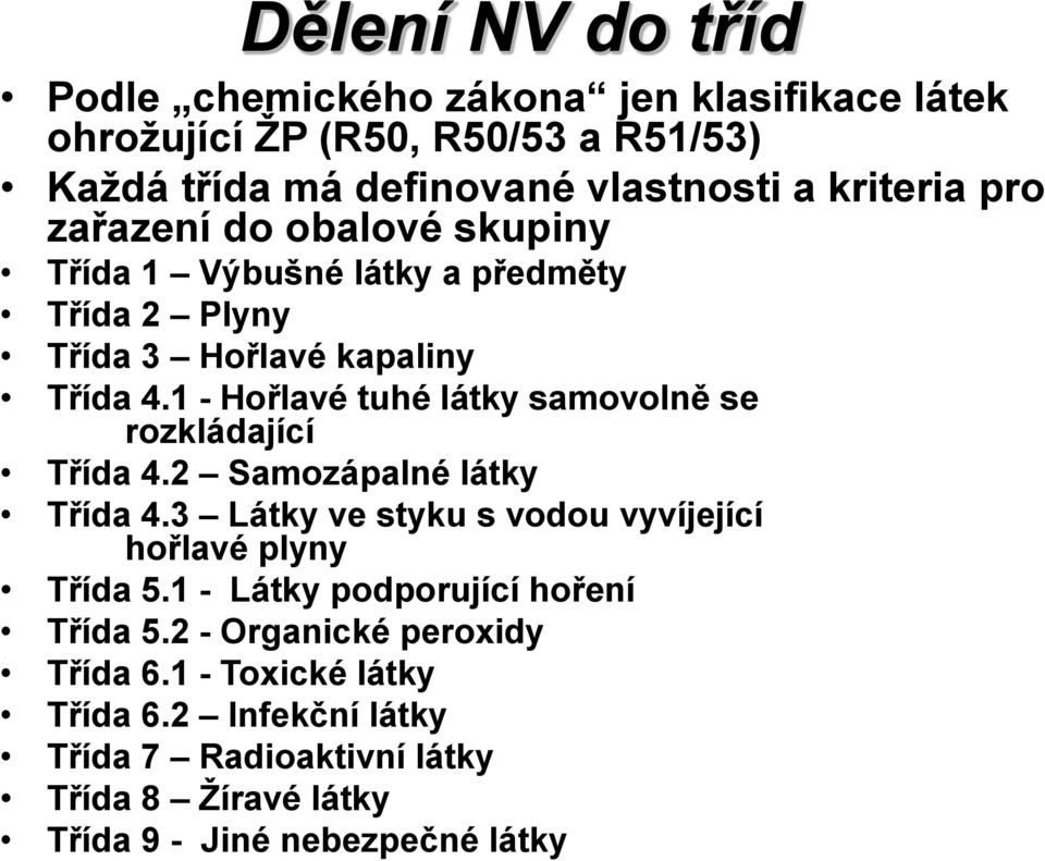 1 - Hořlavé tuhé látky samovolně se rozkládající Třída 4.2 Samozápalné látky Třída 4.3 Látky ve styku s vodou vyvíjející hořlavé plyny Třída 5.