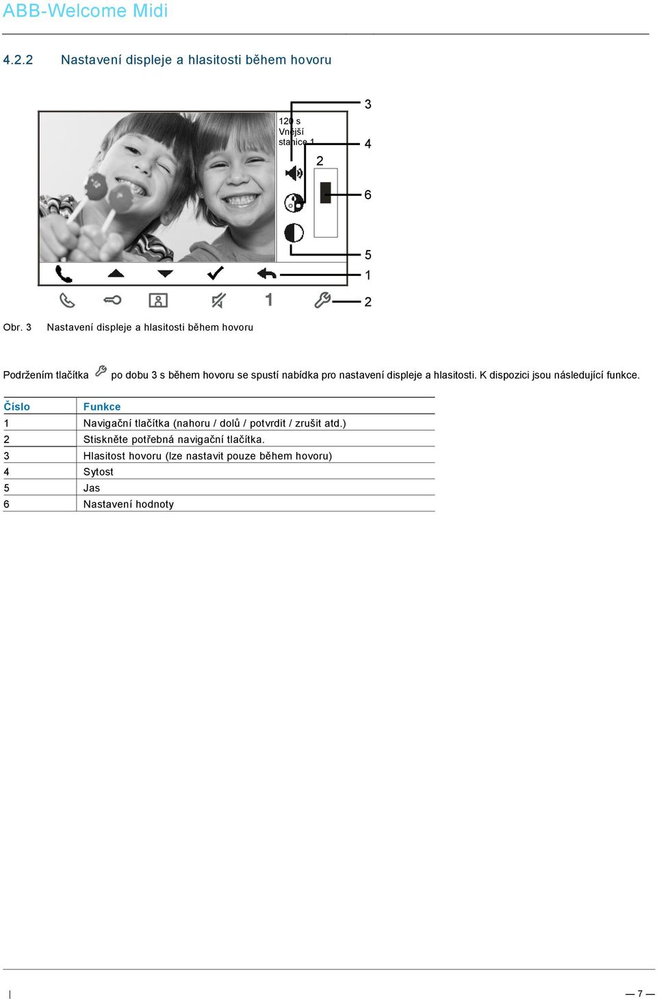 ++++++++++++ @ 9\mod_1268898668093_0.docx @ 52149 @ @ 1 ABB-Welcome Midi Pos: 30 /DinA4 - Anl eitungen Onli ne/ueberschriften/3./tuer oeffnen @ 20\mod_1323263277453_15.docx @ 111935 @ 3 @ 1 4.2.2 Nastavení displeje a hlasitosti během hovoru 120 s Vnější stanice 1 2 3 4 6 5 1 2 Obr.