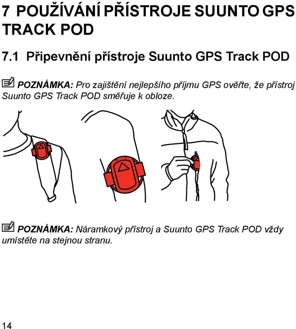 nejlepšího příjmu GPS ověřte, že přístroj Suunto GPS Track POD směřuje