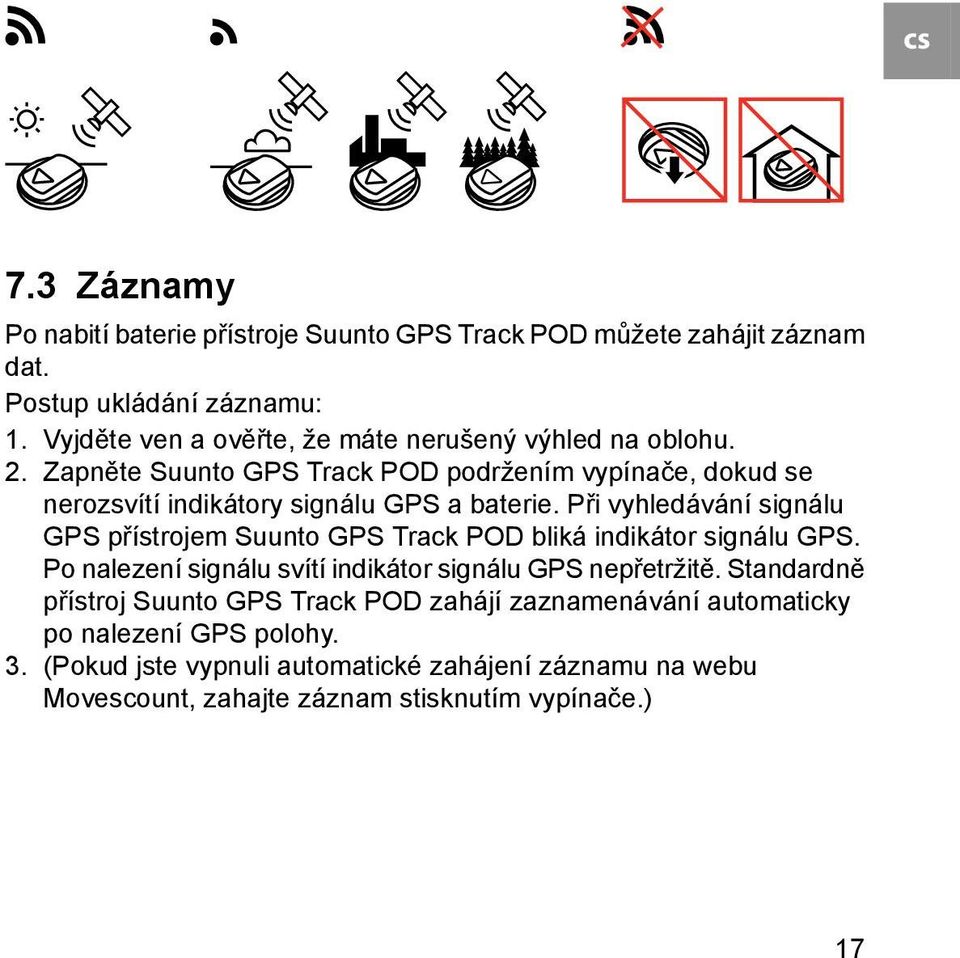 Zapněte Suunto GPS Track POD podržením vypínače, dokud se nerozsvítí indikátory signálu GPS a baterie.