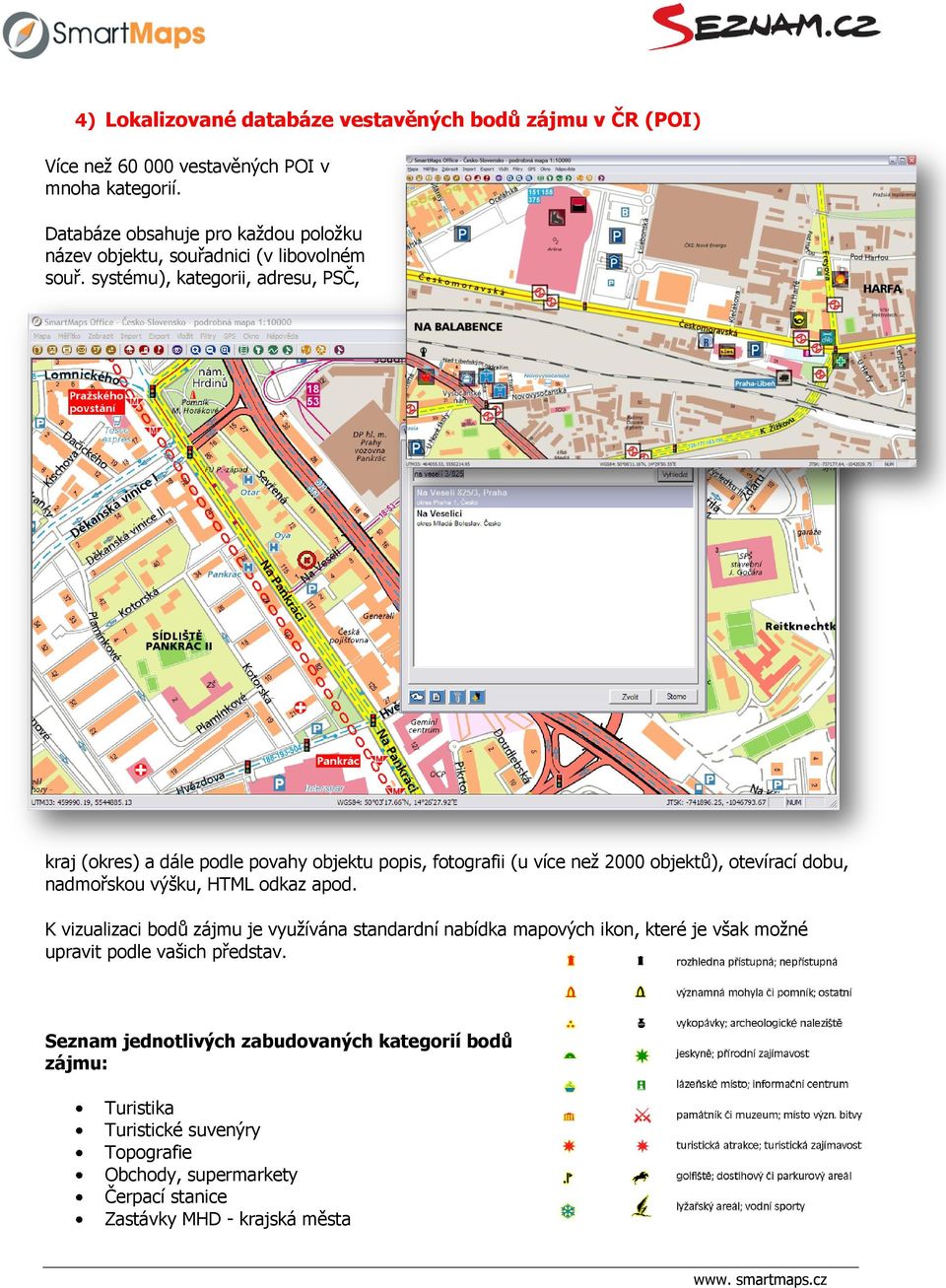 systému), kategorii, adresu, PSČ, kraj (okres) a dále podle povahy objektu popis, fotografii (u více než 2000 objektů), otevírací dobu, nadmořskou výšku, HTML