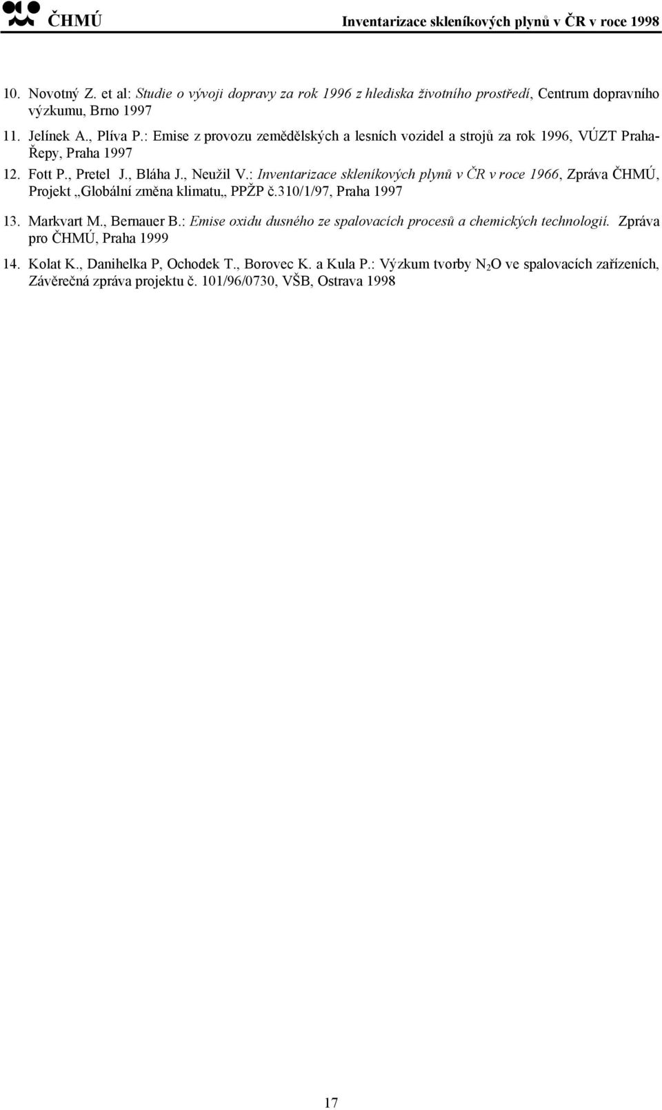 : Inventarizace skleníkových plynů v ČR v roce 1966, Zpráva ČHMÚ, Projekt Globální změna klimatu PPŽP č.310/1/97, Praha 1997 13. Markvart M., Bernauer B.