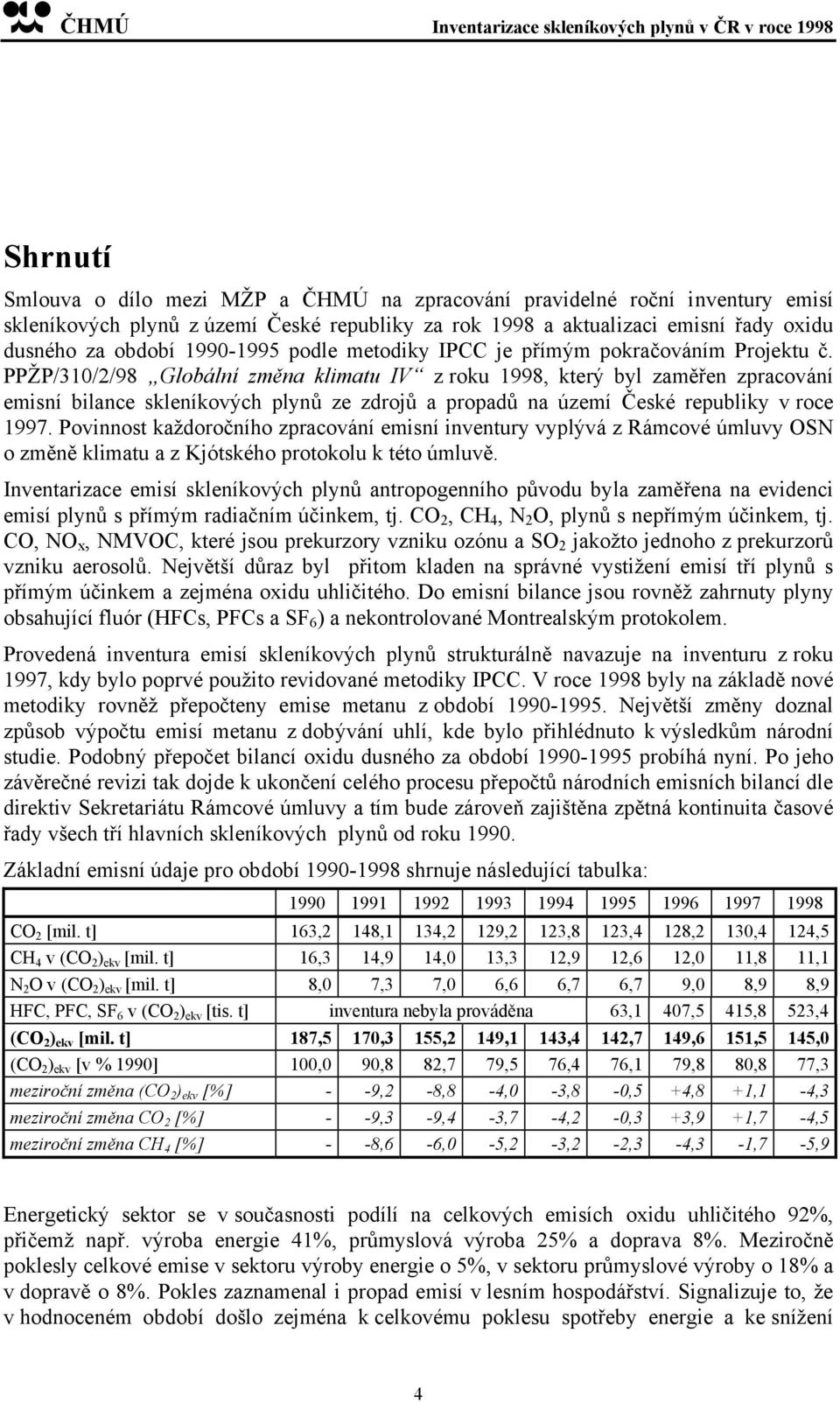 PPŽP/310/2/98 Globální změna klimatu IV z roku 1998, který byl zaměřen zpracování emisní bilance skleníkových plynů ze zdrojů a propadů na území České republiky v roce 1997.