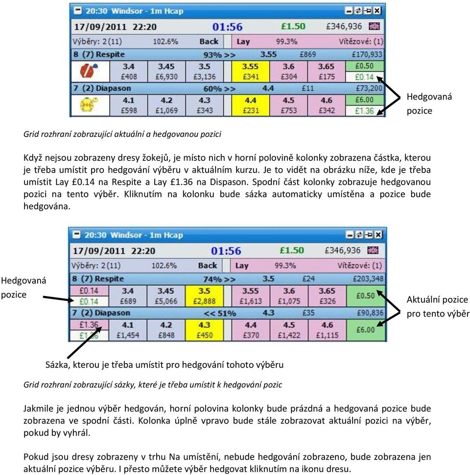 Kliknutím na kolonku bude sázka automaticky umístěna a pozice bude hedgována.