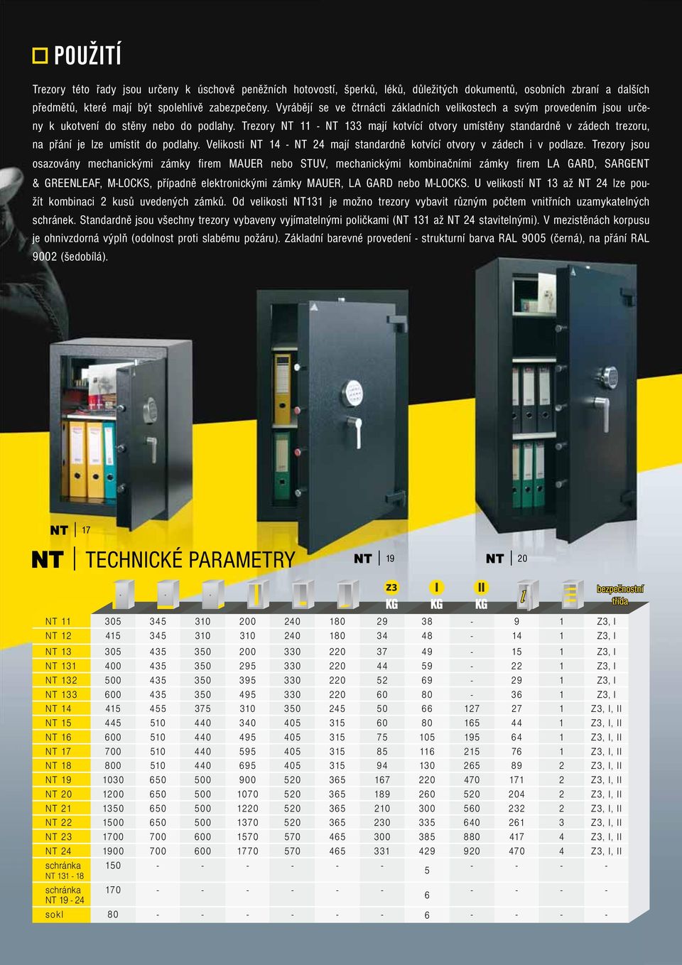 Trezory NT 11 - NT 133 mají kotvící otvory umístěny standardně v zádech trezoru, na přání je lze umístit do podlahy. Velikosti NT 14 - NT 24 mají standardně kotvící otvory v zádech i v podlaze.