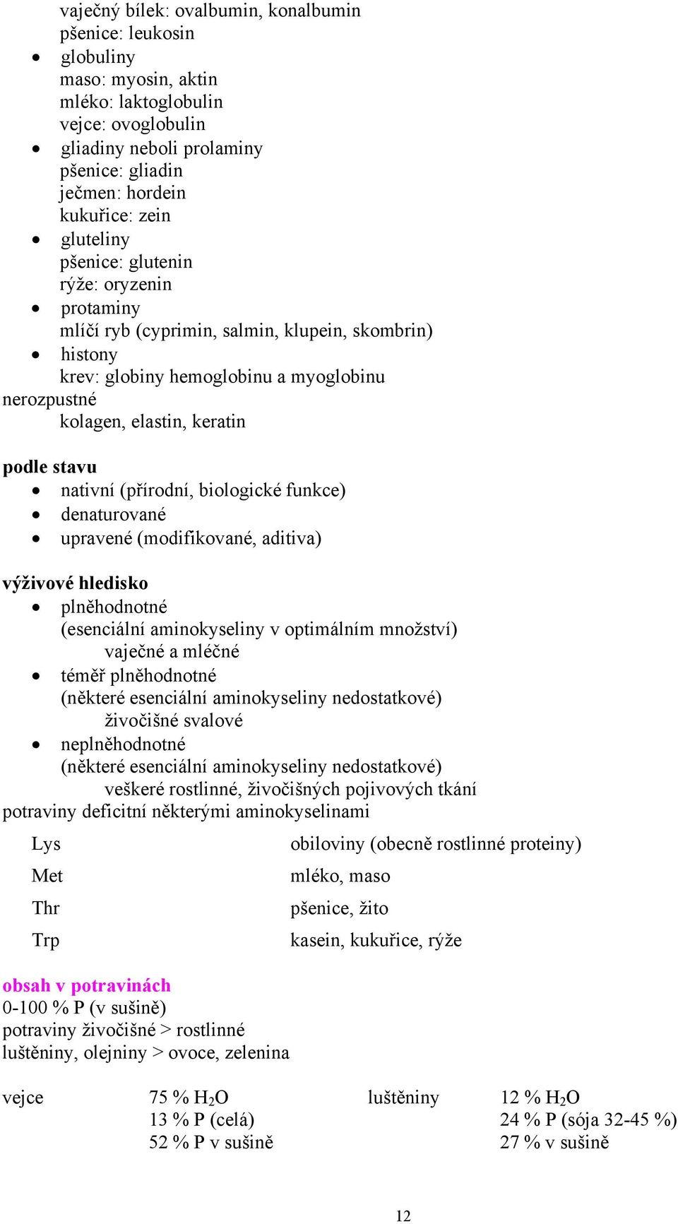 nativní (přírodní, biologické funkce) denaturované upravené (modifikované, aditiva) výživové hledisko plněhodnotné (esenciální aminokyseliny v optimálním množství) vaječné a mléčné téměř plněhodnotné