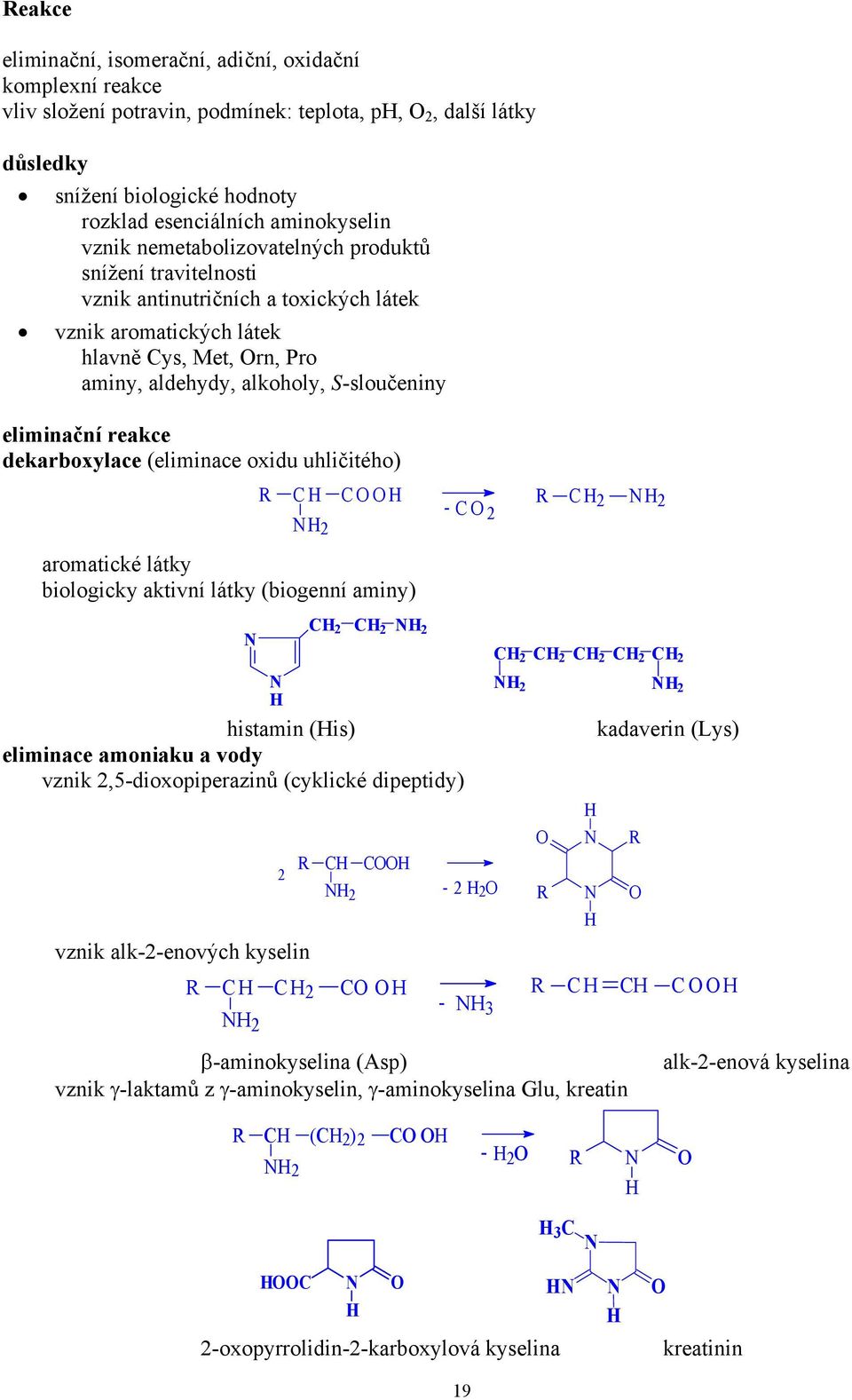 dekarboxylace (eliminace oxidu uhličitého) 2 aromatické látky biologicky aktivní látky (biogenní aminy) 2 2 2 2 2 histamin (is) eliminace amoniaku a vody vznik 2,5dioxopiperazinů (cyklické dipeptidy)