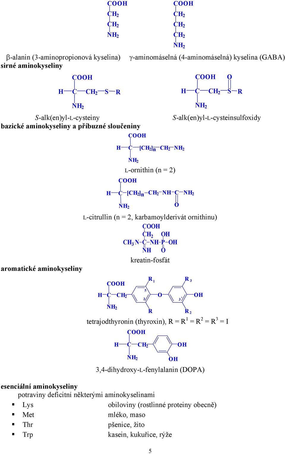 P kreatinfosfát aromatické aminokyseliny 2 3 5 1 3, 3 2 tetrajodthyronin (thyroxin), = 1 = 2 = 3 = I 2 3,4dihydroxyLfenylalanin (DPA) esenciální