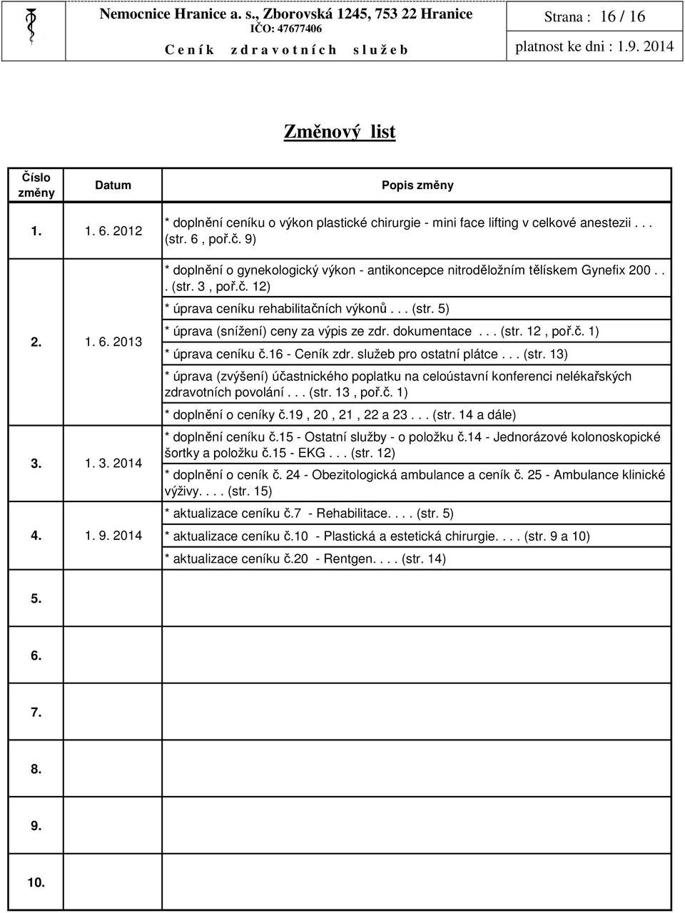 12) * úprava ceníku rehabilitačních výkonů... (str. 5) * úprava (snížení) ceny za výpis ze zdr. dokumentace... (str. 12, č. 1) * úprava ceníku č.16 - Ceník zdr. služeb pro ostatní plátce... (str. 13) * úprava (zvýšení) účastnického poplatku na celoústavní konferenci nelékařských zdravotních povolání.