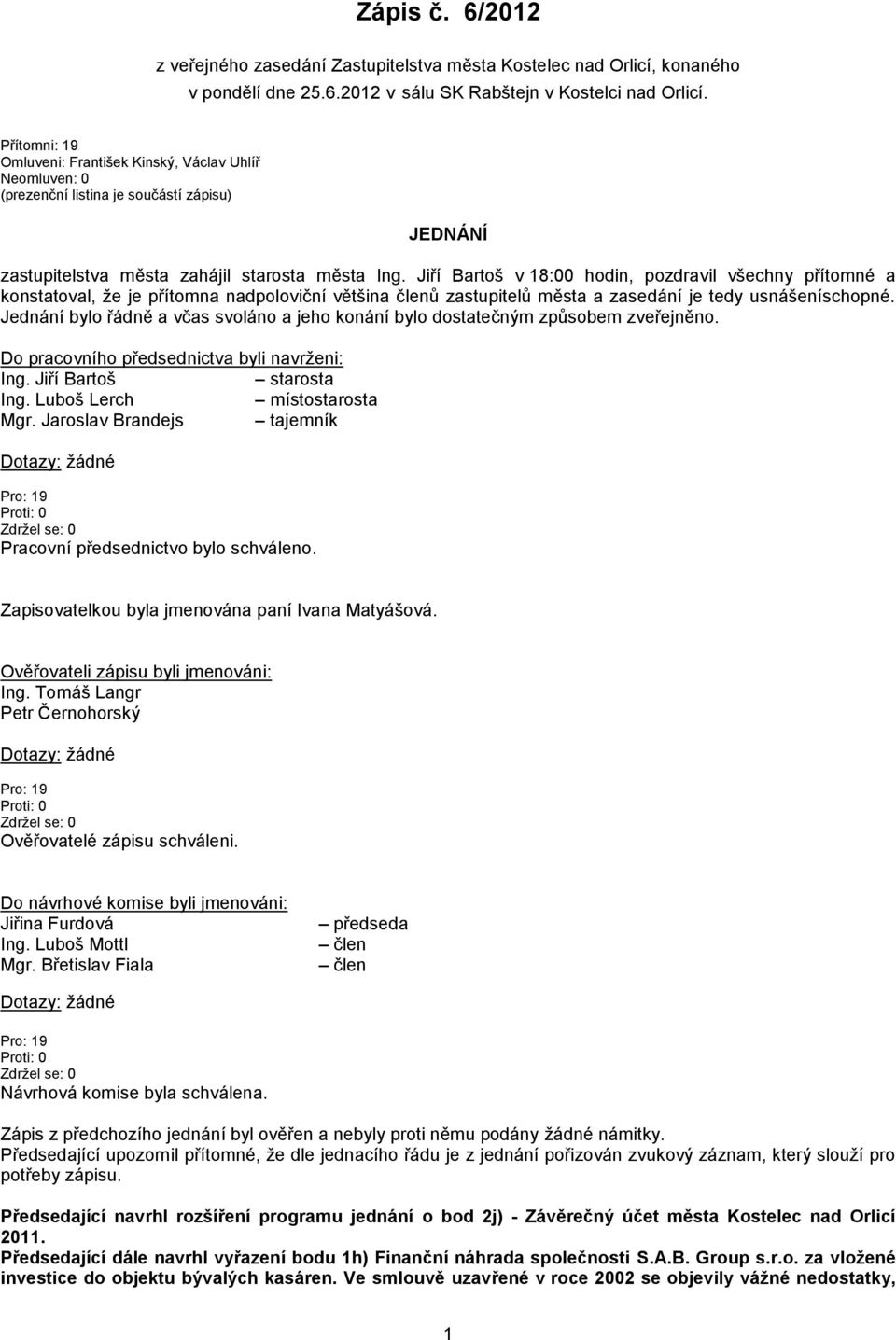 Jiří Bartoš v 18:00 hodin, pozdravil všechny přítomné a konstatoval, že je přítomna nadpoloviční většina členů zastupitelů města a zasedání je tedy usnášeníschopné.