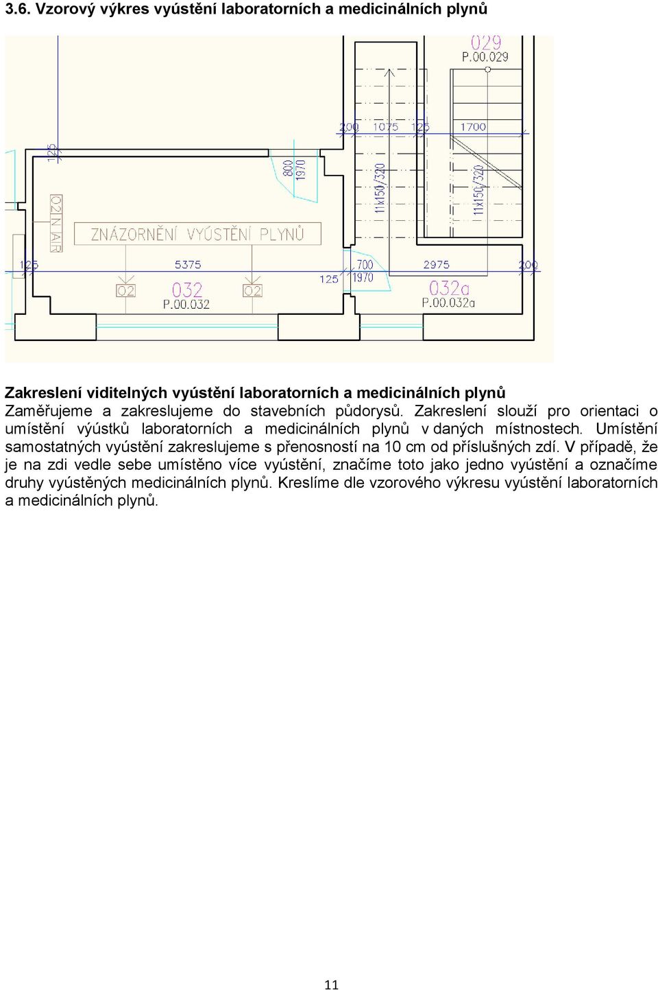 Umístění samostatných vyústění zakreslujeme s přenosností na 10 cm od příslušných zdí.