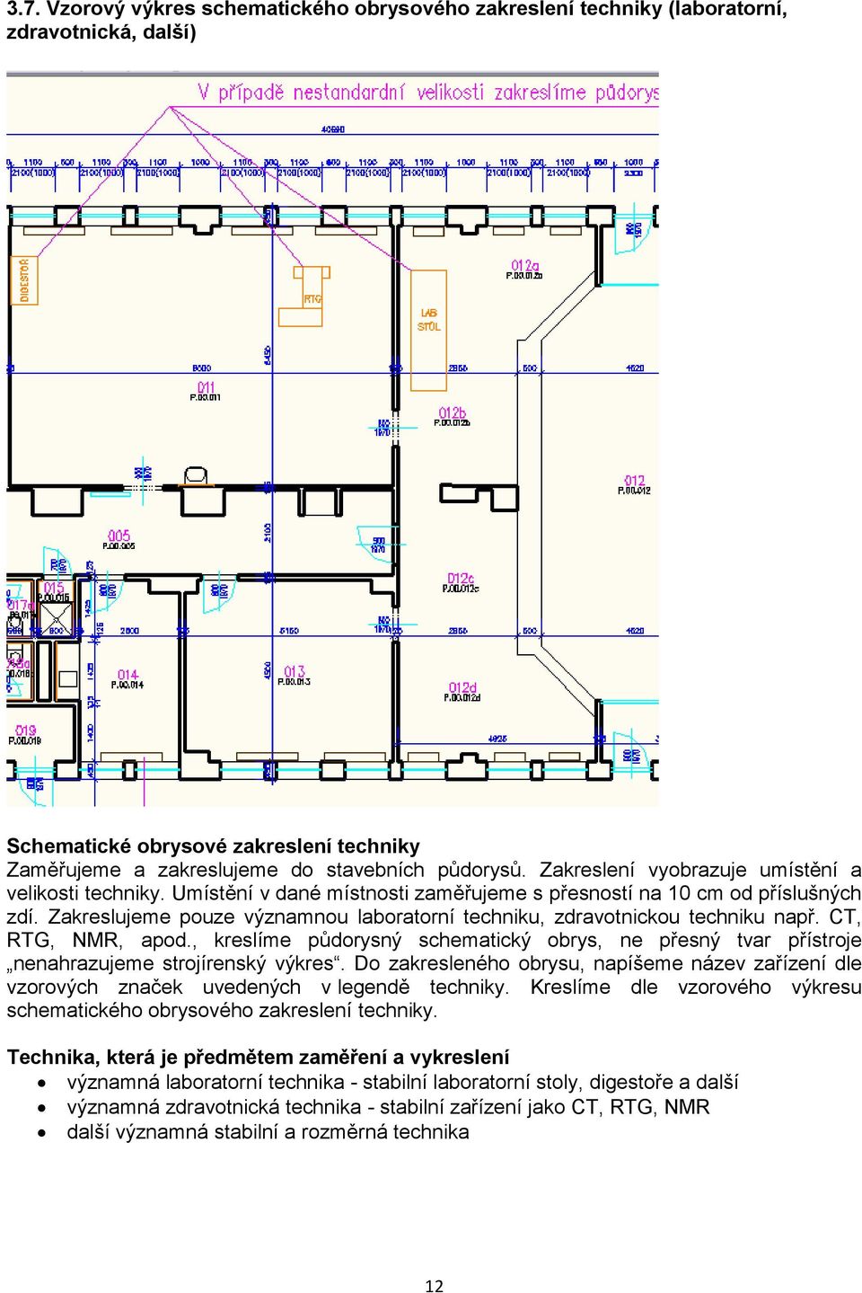 Zakreslujeme pouze významnou laboratorní techniku, zdravotnickou techniku např. CT, RTG, NMR, apod., kreslíme půdorysný schematický obrys, ne přesný tvar přístroje nenahrazujeme strojírenský výkres.