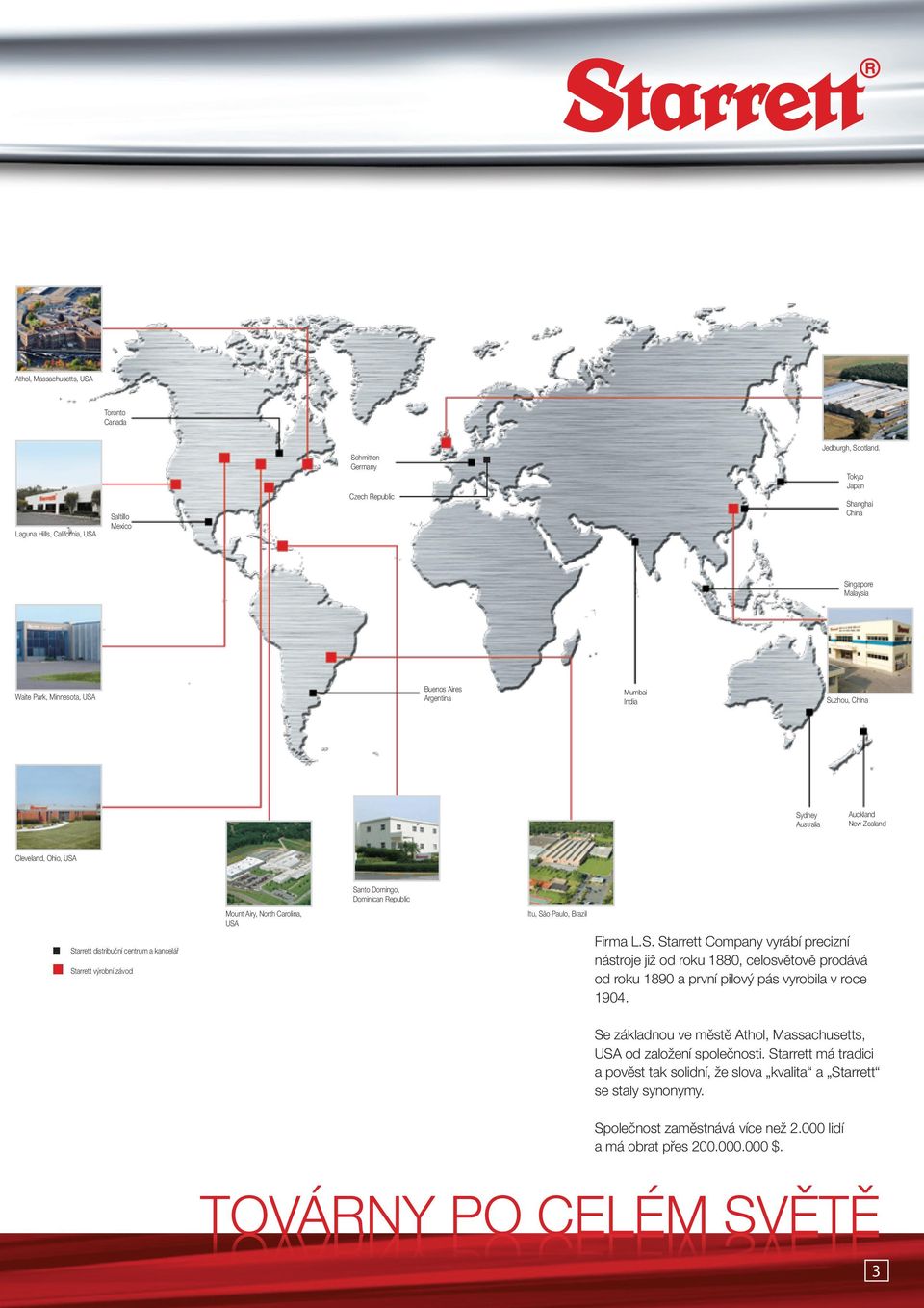 Dominican Republic Mount iry, North Carolina, US Itu, São Paulo, Brazil Starrett distribuční centrum a kancelář Starrett výrobní závod Firma L.S. Starrett Company vyrábí precizní nástroje již od roku 1880, celosvětově prodává od roku 1890 a první pilový pás vyrobila v roce 1904.