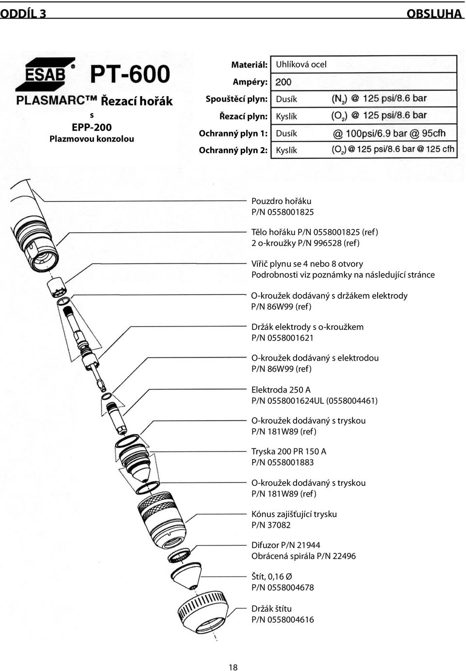 86W99 (ref) Držák elektrody s o-kroužkem P/N 0558001621 O-kroužek dodávaný s elektrodou P/N 86W99 (ref) Elektroda 250 A P/N 0558001624UL (0558004461) O-kroužek dodávaný s tryskou P/N 181W89 (ref)