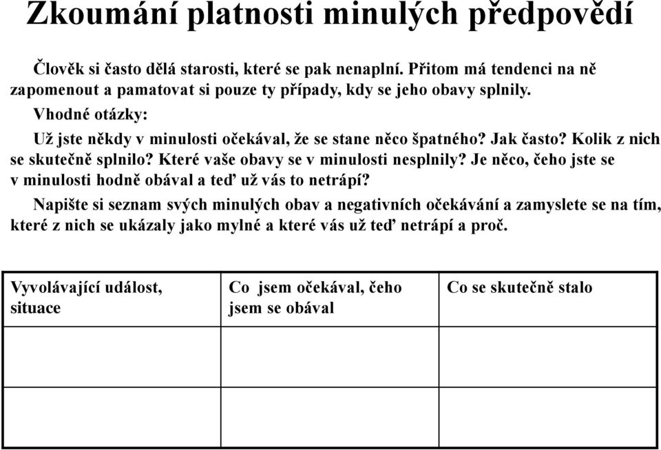 Vhodné otázky: Uţ jste někdy v minulosti očekával, ţe se stane něco špatného? Jak často? Kolik z nich se skutečně splnilo? Které vaše obavy se v minulosti nesplnily?