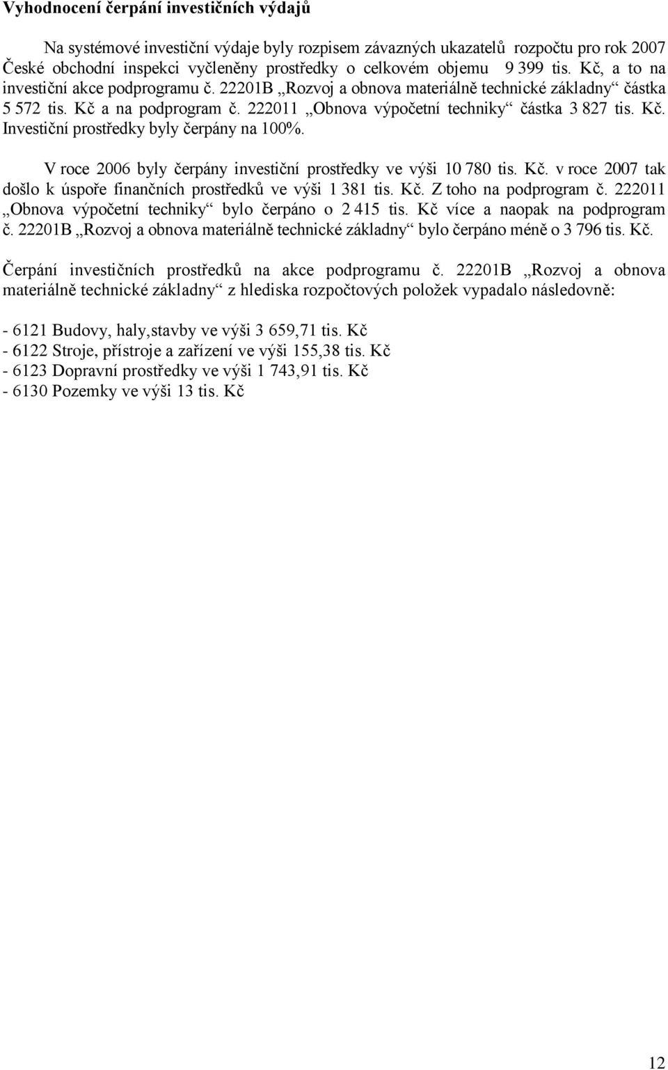 V roce 2006 byly čerpány investiční prostředky ve výši 10 780 tis. Kč. v roce 2007 tak došlo k úspoře finančních prostředků ve výši 1 381 tis. Kč. Z toho na podprogram č.
