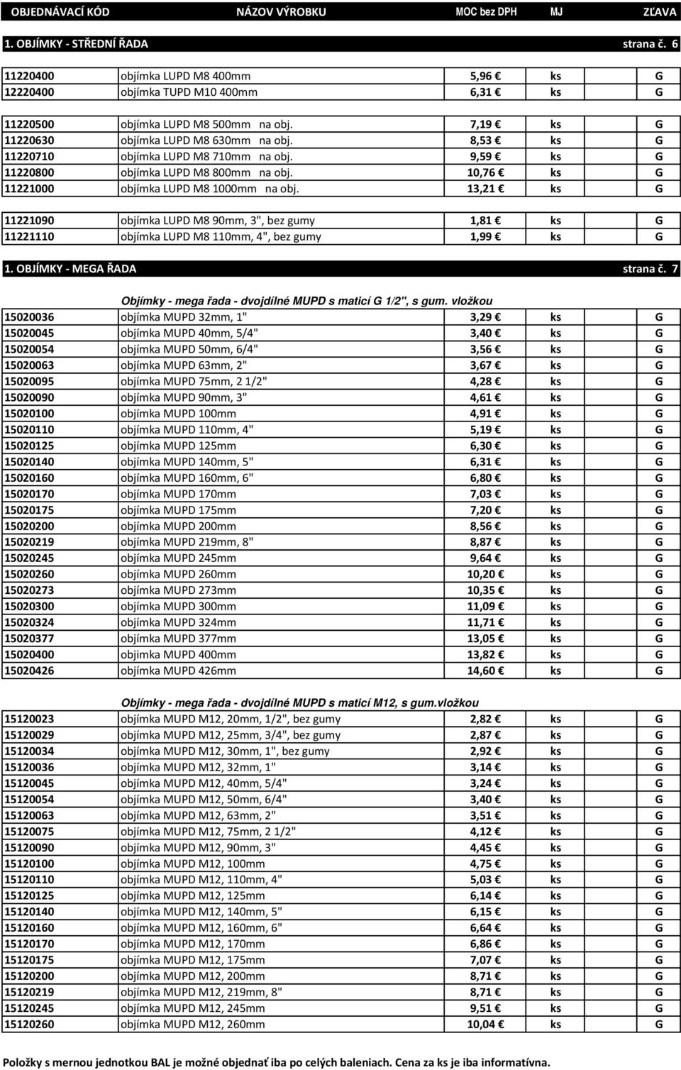 13,21 ks G 11221090 objímka LUPD M8 90mm, 3", bez gumy 1,81 ks G 11221110 objímka LUPD M8 110mm, 4", bez gumy 1,99 ks G 1. OBJÍMKY - MEGA ŘADA strana č.