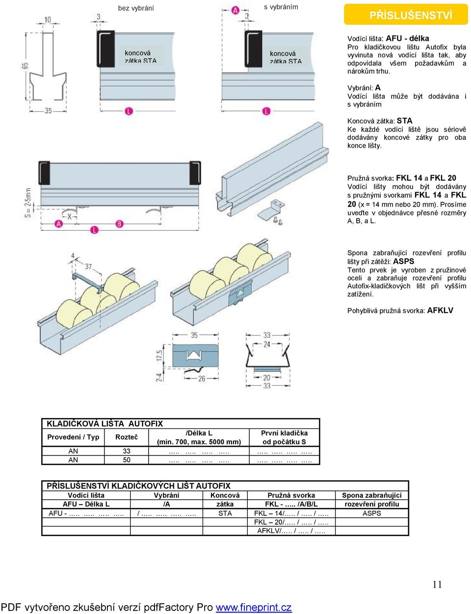 Pružná svorka: FKL 14 a FKL 20 Vodící lišty mohou být dodávány s pružnými svorkami FKL 14 a FKL 20 (x = 14 mm nebo 20 mm). Prosíme uveďte v objednávce přesné rozměry A, B, a L.