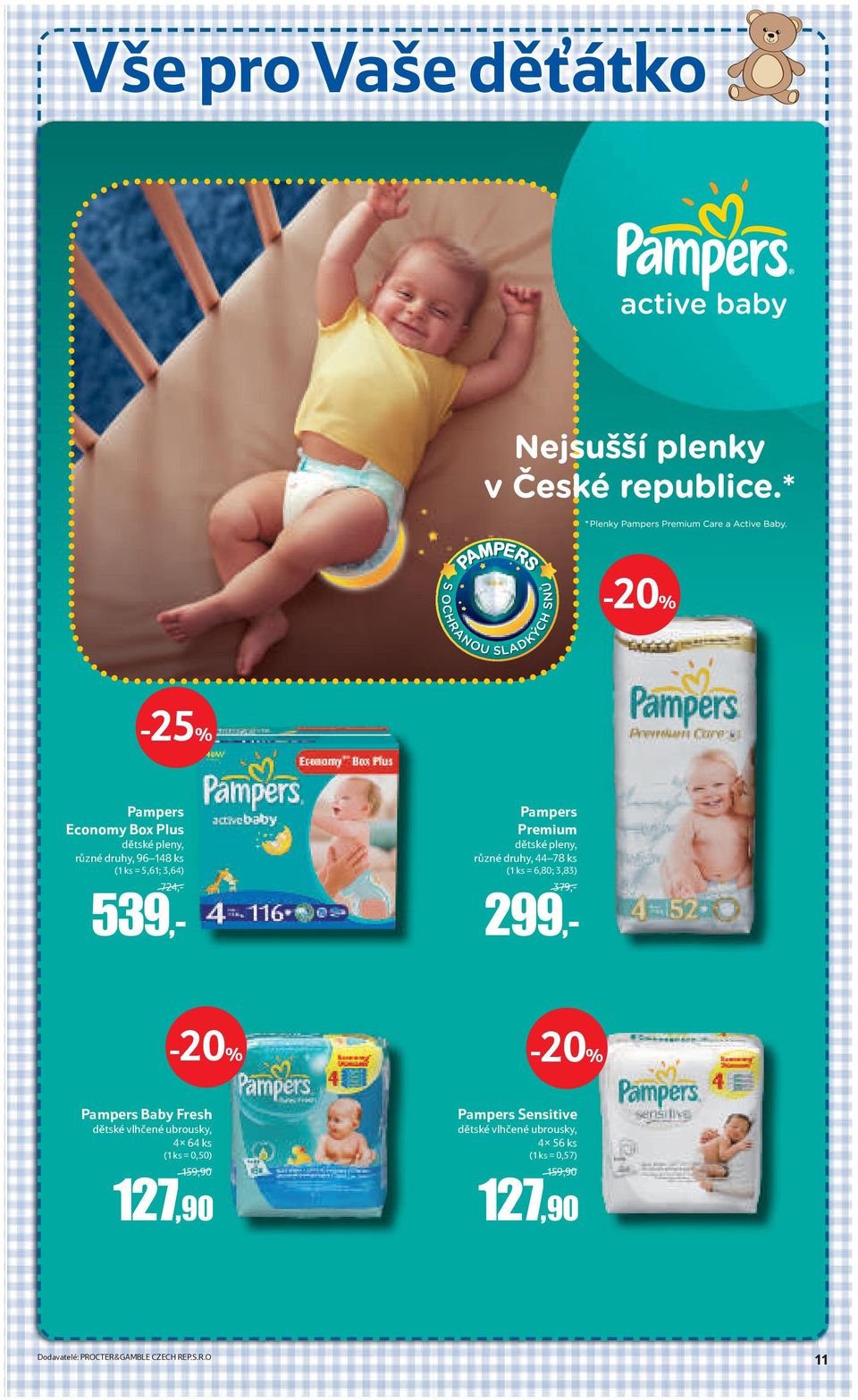 Pampers Baby Fresh dětské vlhčené ubrousky, 4x 64 ks (1 ks = 0,50) 159,90 127,90 Pampers Sensitive