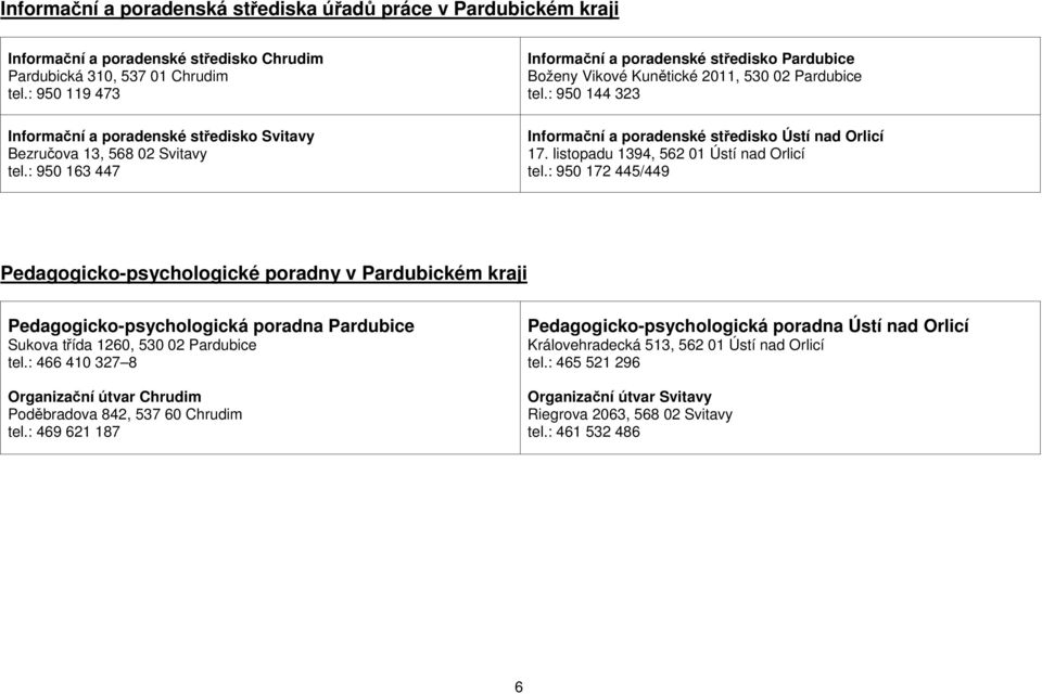 : 950 144 323 Informační a poradenské středisko Ústí nad Orlicí 17. listopadu 1394, 562 01 Ústí nad Orlicí tel.