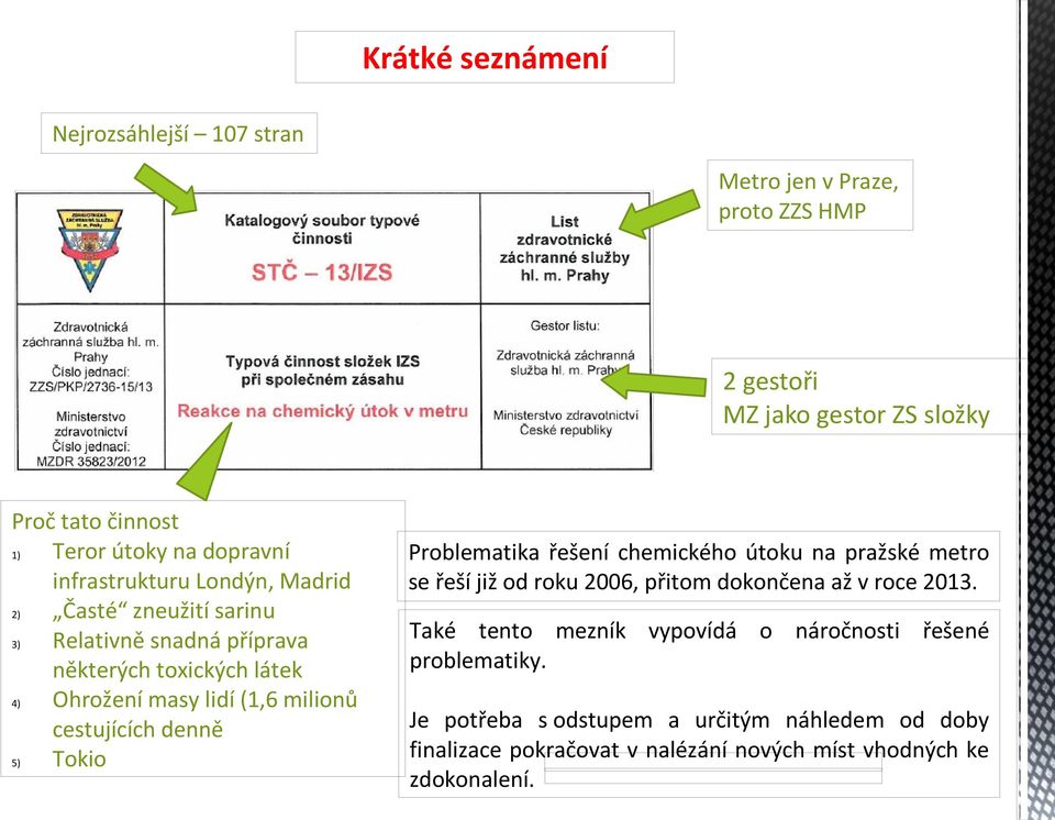 cestujících denně 5) Tokio Problematika řešení chemického útoku na pražské metro se řeší již od roku 2006, přitom dokončena až v roce 2013.