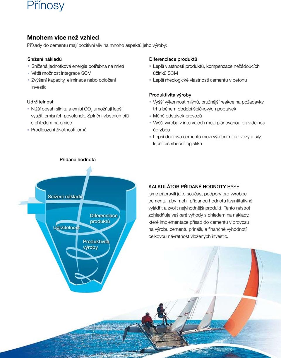 Splnění vlastních cílů s ohledem na emise Prodloužení životnosti lomů Diferenciace produktů Lepší vlastnosti produktů, kompenzace nežádoucích účinků SCM Lepší rheologické vlastnosti cementu v betonu