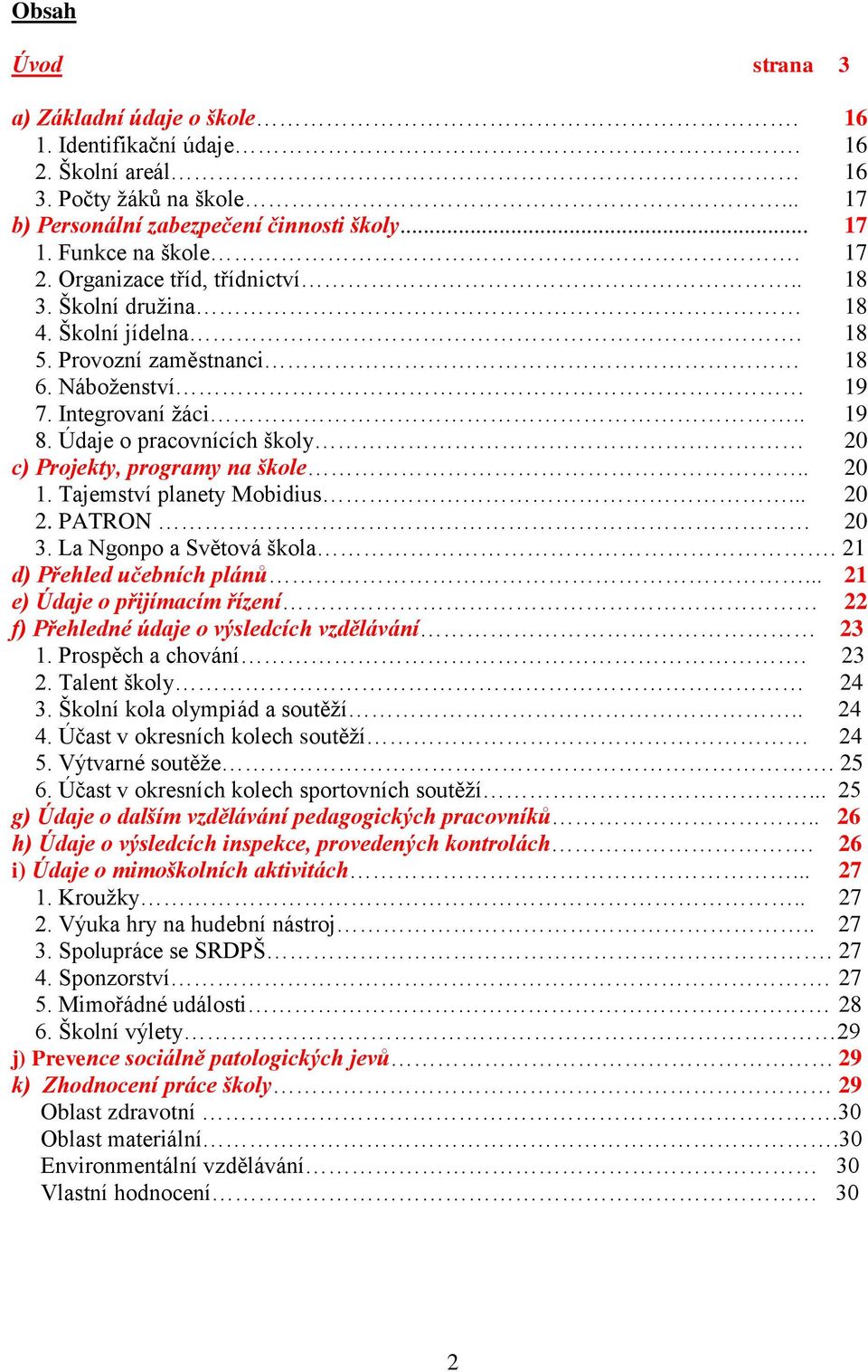 Údaje o pracovnících školy 20 c) Projekty, programy na škole.. 20 1. Tajemství planety Mobidius... 20 2. PATRON 20 3. La Ngonpo a Světová škola. 21 d) Přehled učebních plánů.