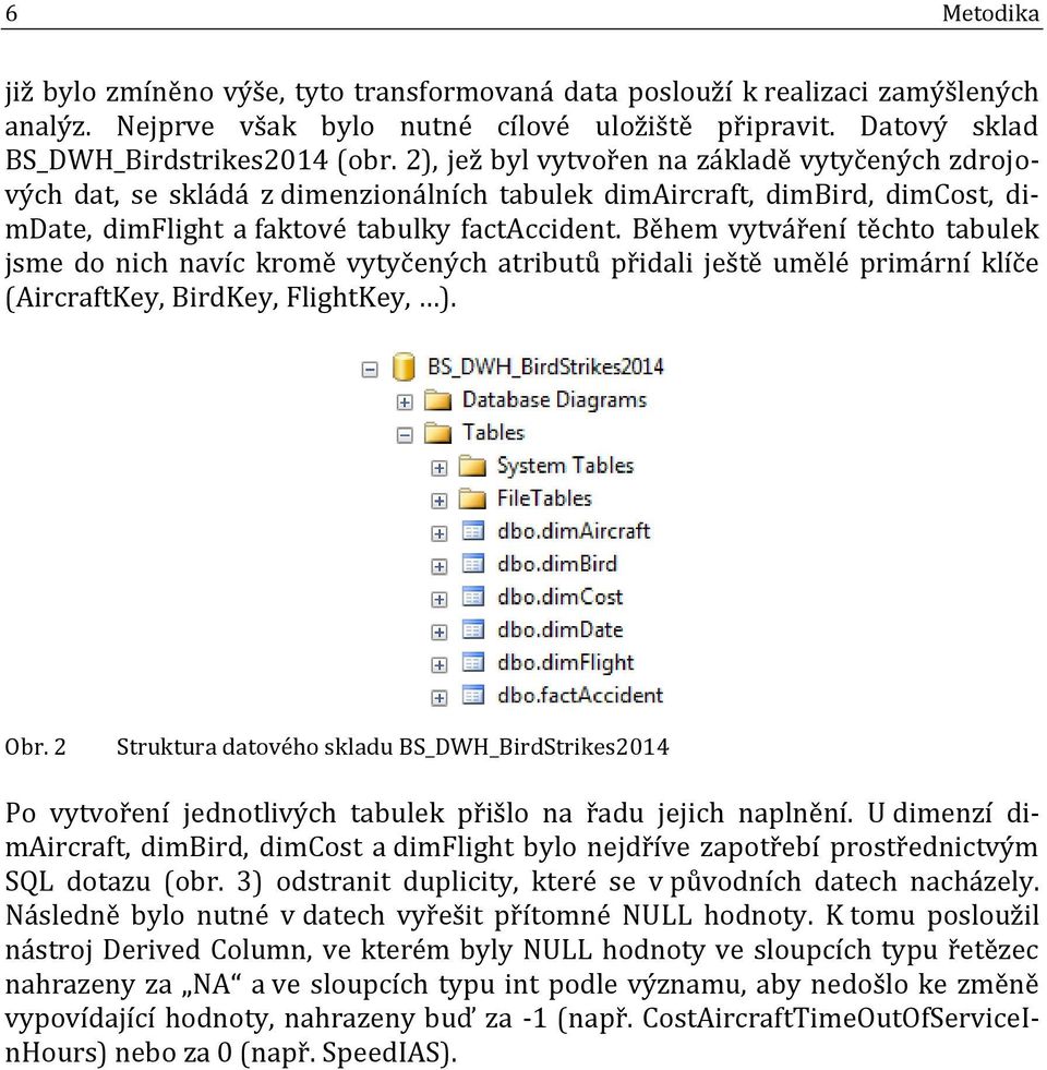 Během vytváření těchto tabulek jsme do nich navíc kromě vytyčených atributů přidali ještě umělé primární klíče (AircraftKey, BirdKey, FlightKey, ). Obr.