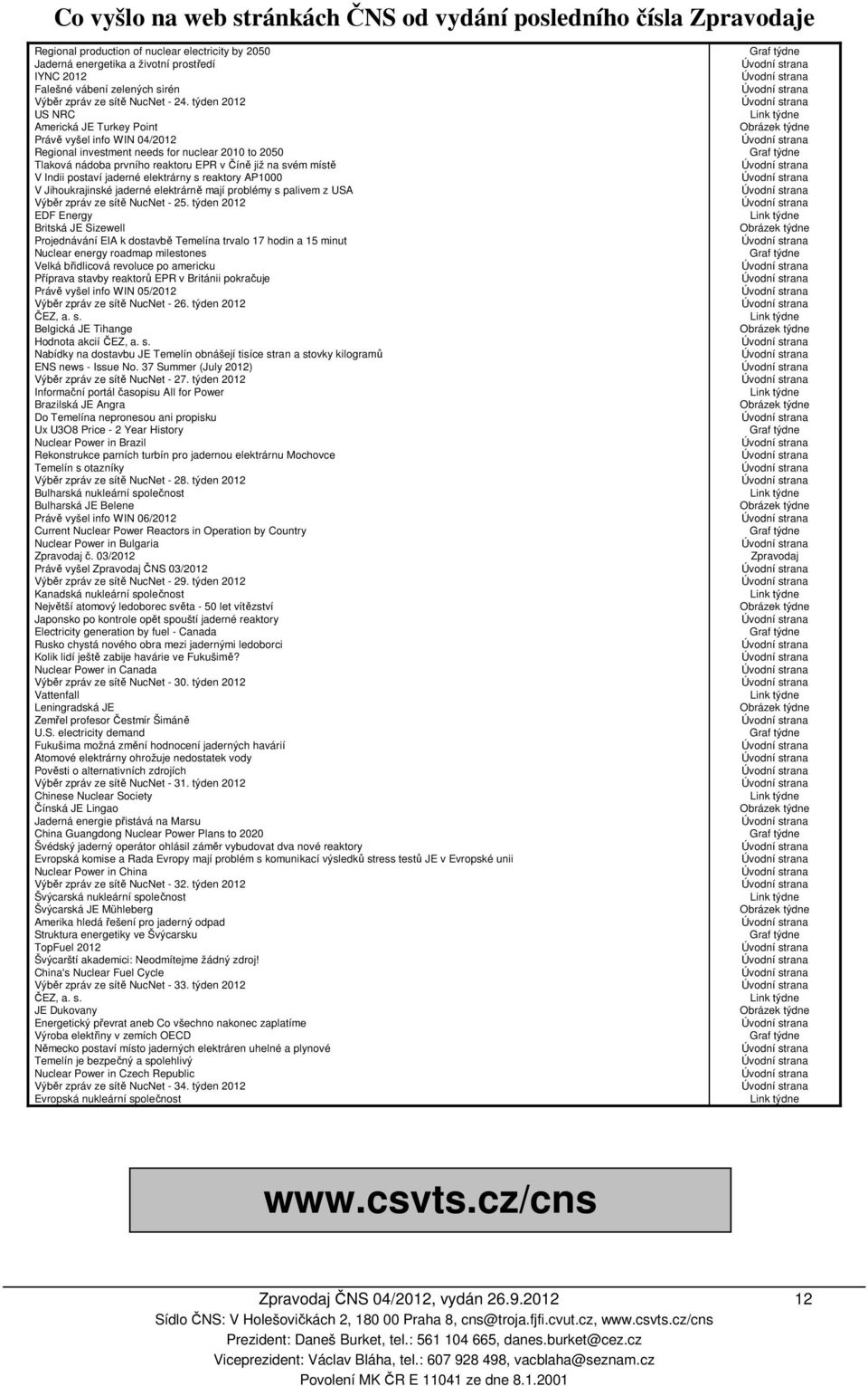 týden 2012 US NRC Americká JE Turkey Point Právě vyšel info WIN 04/2012 Regional investment needs for nuclear 2010 to 2050 Tlaková nádoba prvního reaktoru EPR v Číně již na svém místě V Indii postaví