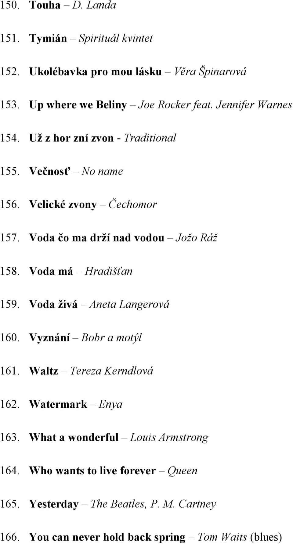 Voda čo ma drží nad vodou Jožo Ráž 158. Voda má Hradišťan 159. Voda živá Aneta Langerová 160. Vyznání Bobr a motýl 161.