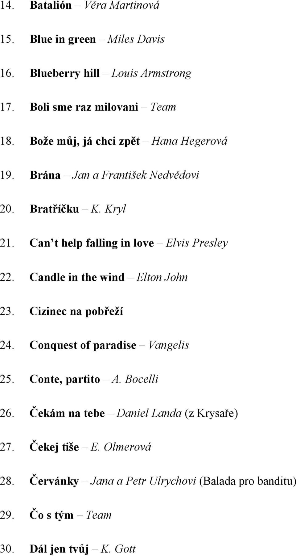 Can t help falling in love Elvis Presley 22. Candle in the wind Elton John 23. Cizinec na pobřeží 24. Conquest of paradise Vangelis 25.