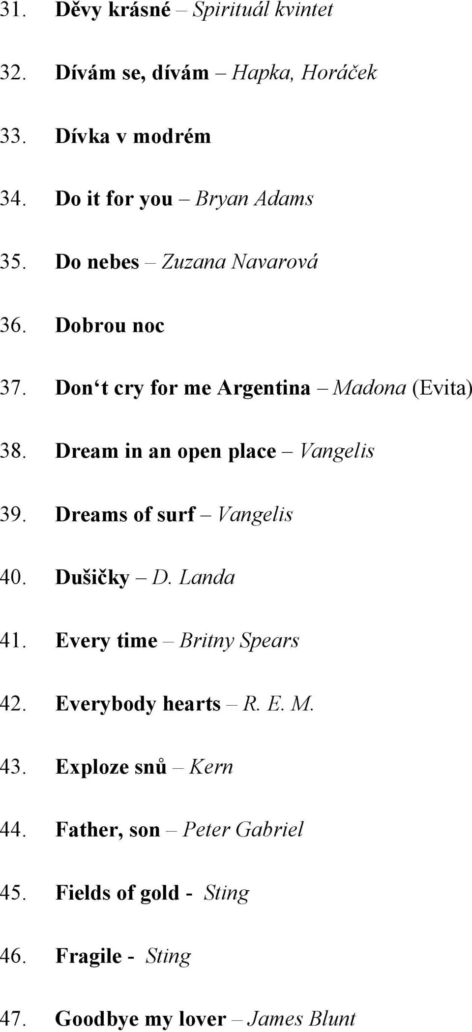 Dream in an open place Vangelis 39. Dreams of surf Vangelis 40. Dušičky D. Landa 41. Every time Britny Spears 42.