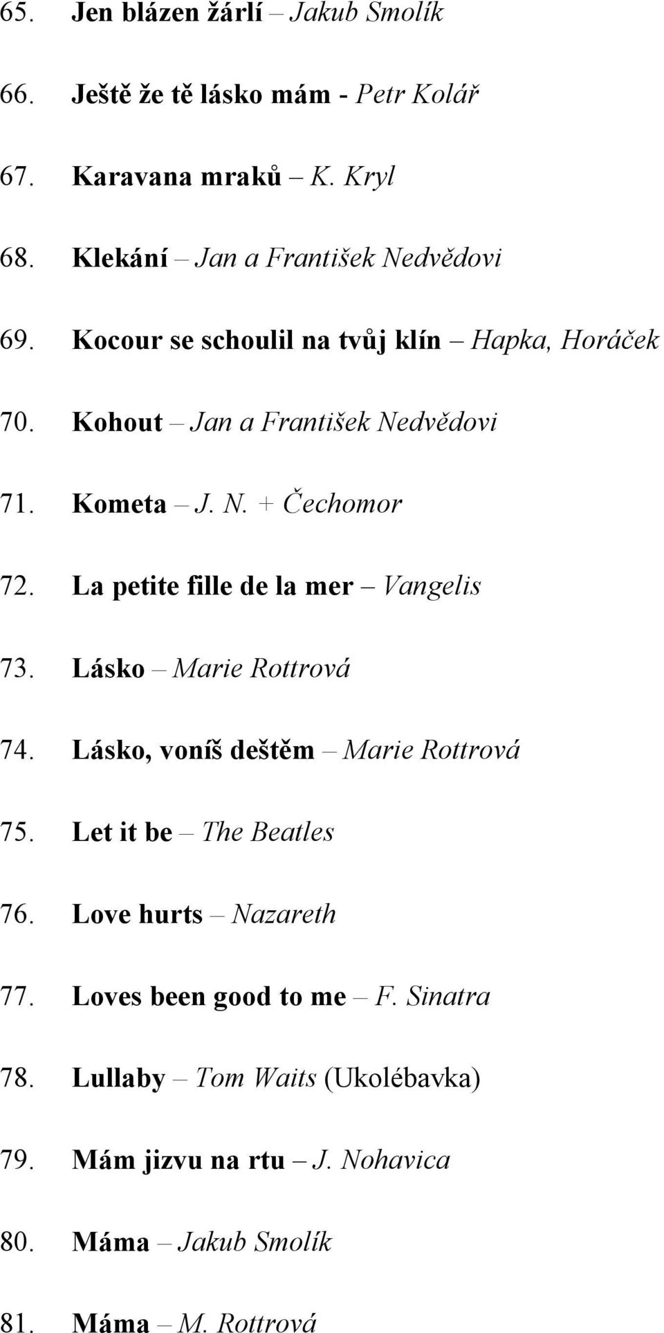 La petite fille de la mer Vangelis 73. Lásko Marie Rottrová 74. Lásko, voníš deštěm Marie Rottrová 75. Let it be The Beatles 76.