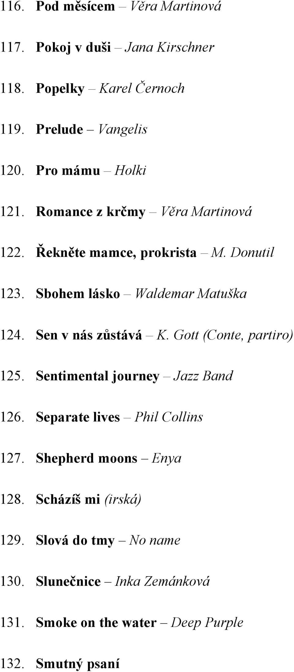Sen v nás zůstává K. Gott (Conte, partiro) 125. Sentimental journey Jazz Band 126. Separate lives Phil Collins 127.