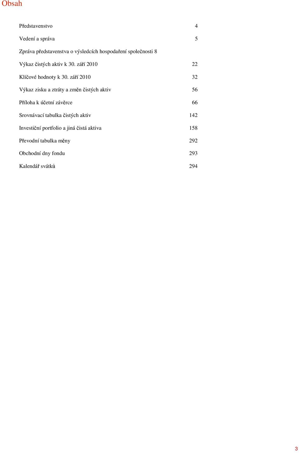 září 2010 32 Výkaz zisku a ztráty a změn čistých 56 Příloha k účetní závěrce 66 Srovnávací