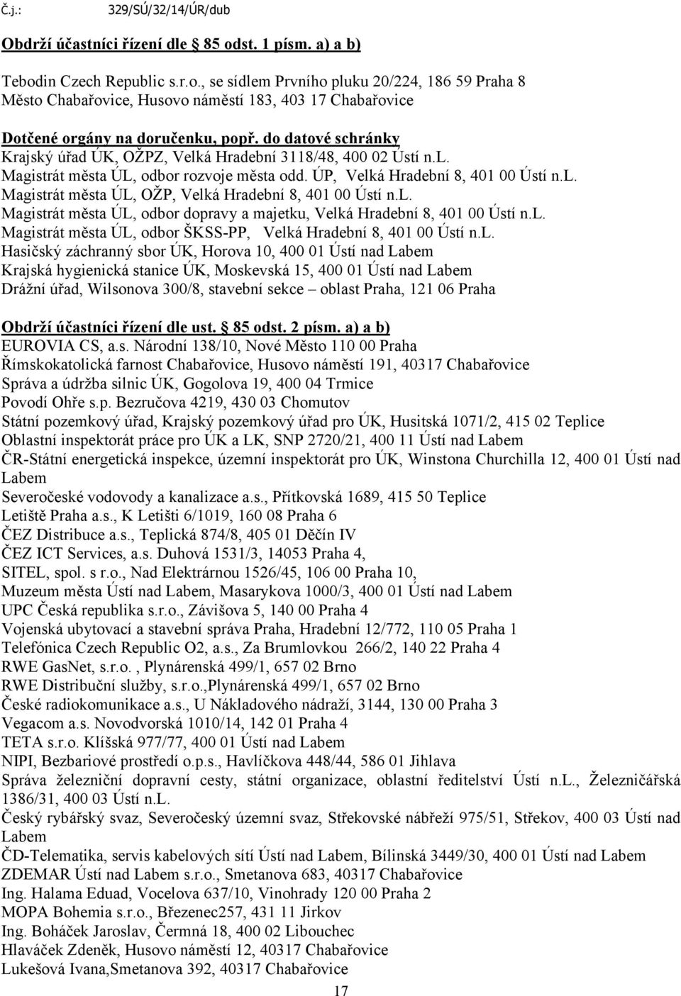 l. Magistrát města ÚL, odbor dopravy a majetku, Velká Hradební 8, 401 00 Ústí n.l. Magistrát města ÚL, odbor ŠKSS-PP, Velká Hradební 8, 401 00 Ústí n.l. Hasičský záchranný sbor ÚK, Horova 10, 400 01