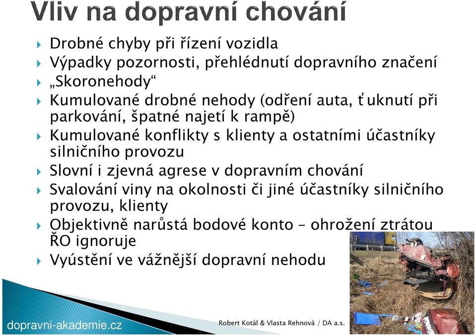 účastníky silničního provozu Slovní i zjevná agrese v dopravním chování Svalování viny na okolnosti či jiné účastníky