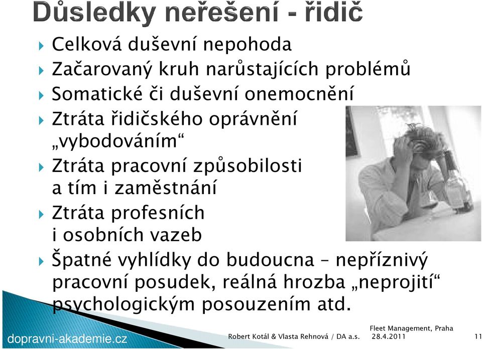 způsobilosti a tím i zaměstnání Ztráta profesních i osobních vazeb Špatné vyhlídky